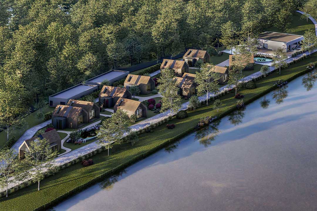 Sustainable architecture 3D render showing clean lines, wooden textures and natural integration.