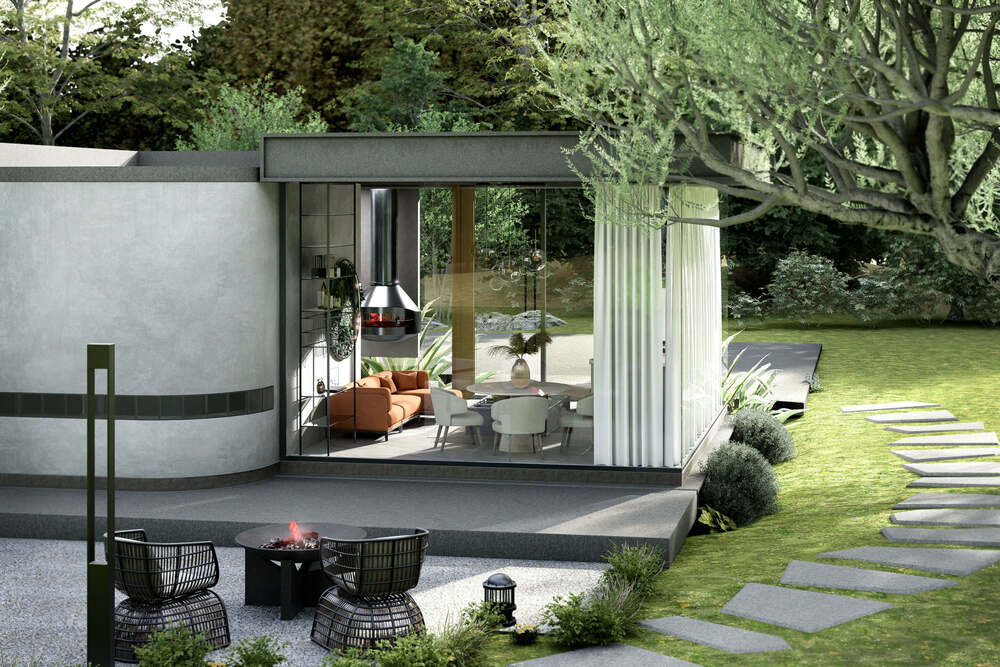 3D rendering of a bright eco house with large windows, minimalist interior and surrounding trees