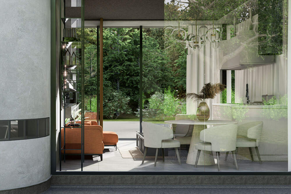 Photorealistic 3D visualization of eco house with circular chair, beige tones and modern facade