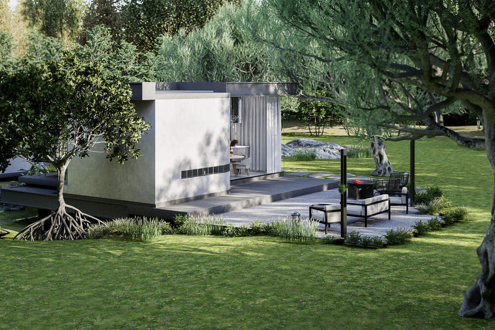3D visualization of a modern eco house with minimalist white facade and outdoor seating
