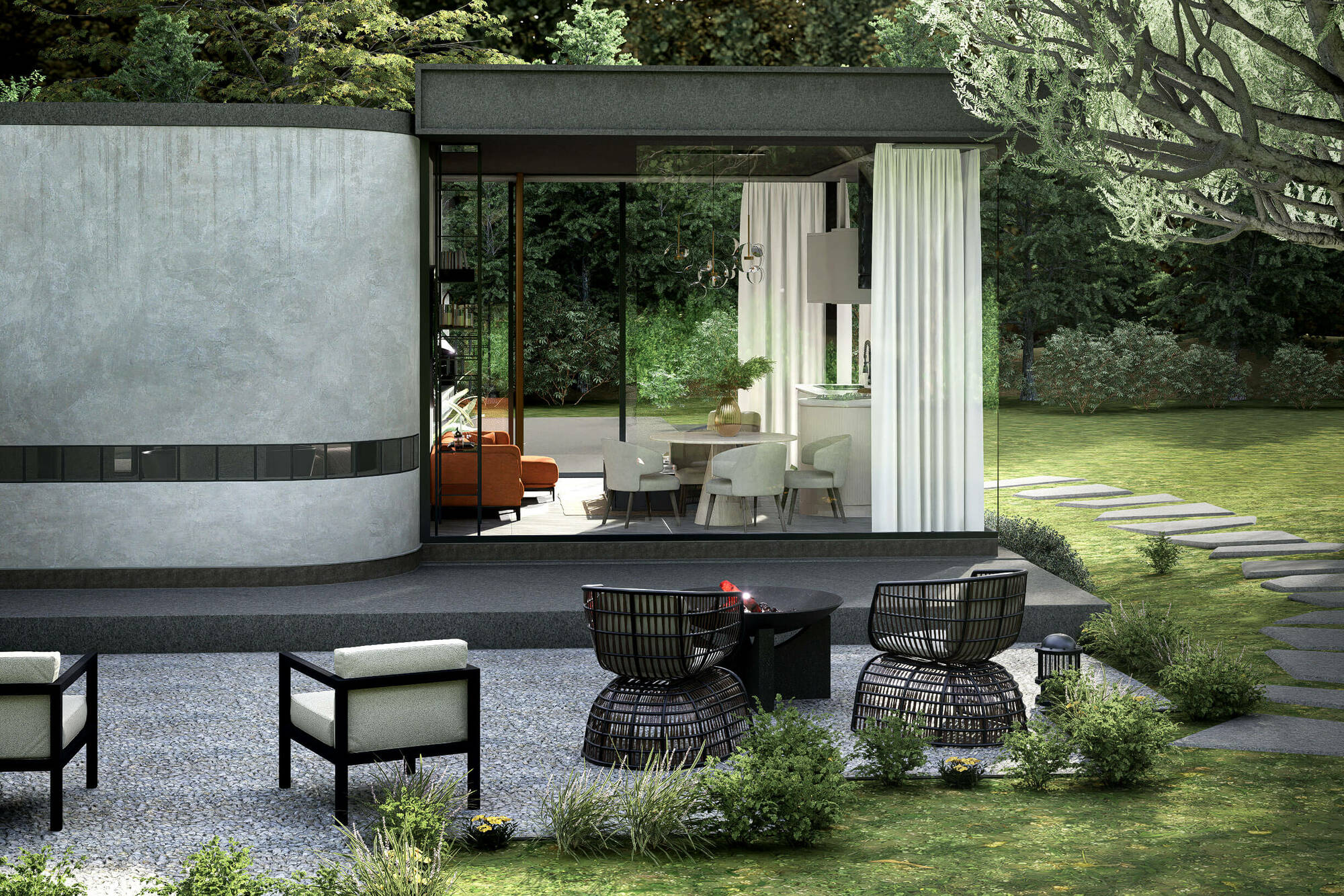 Realistic 3D visualization of a modern flat-roof house with wooden facade elements and large panoramic windows