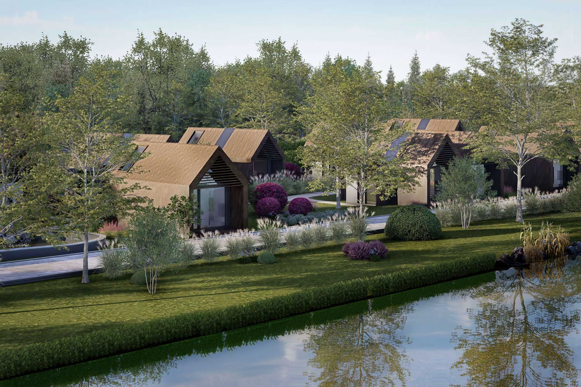 Twilight rendering of a modern home with illuminated facade and natural landscaping