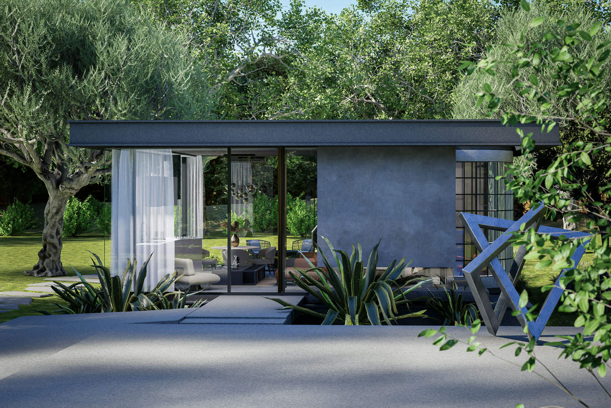 Daylight exterior visualization of a suburban home surrounded by greenery and paved road