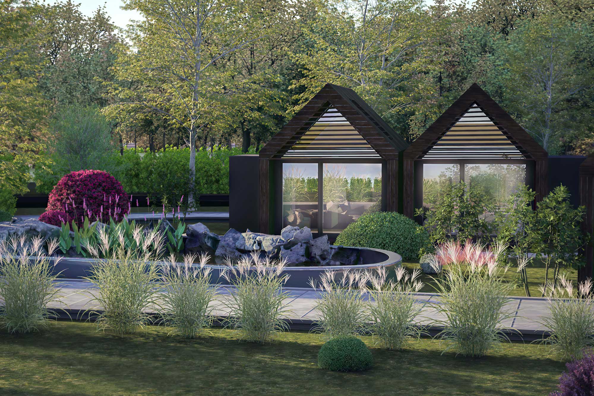 3D render of a compact eco-friendly house with vertical cladding and large window openings
