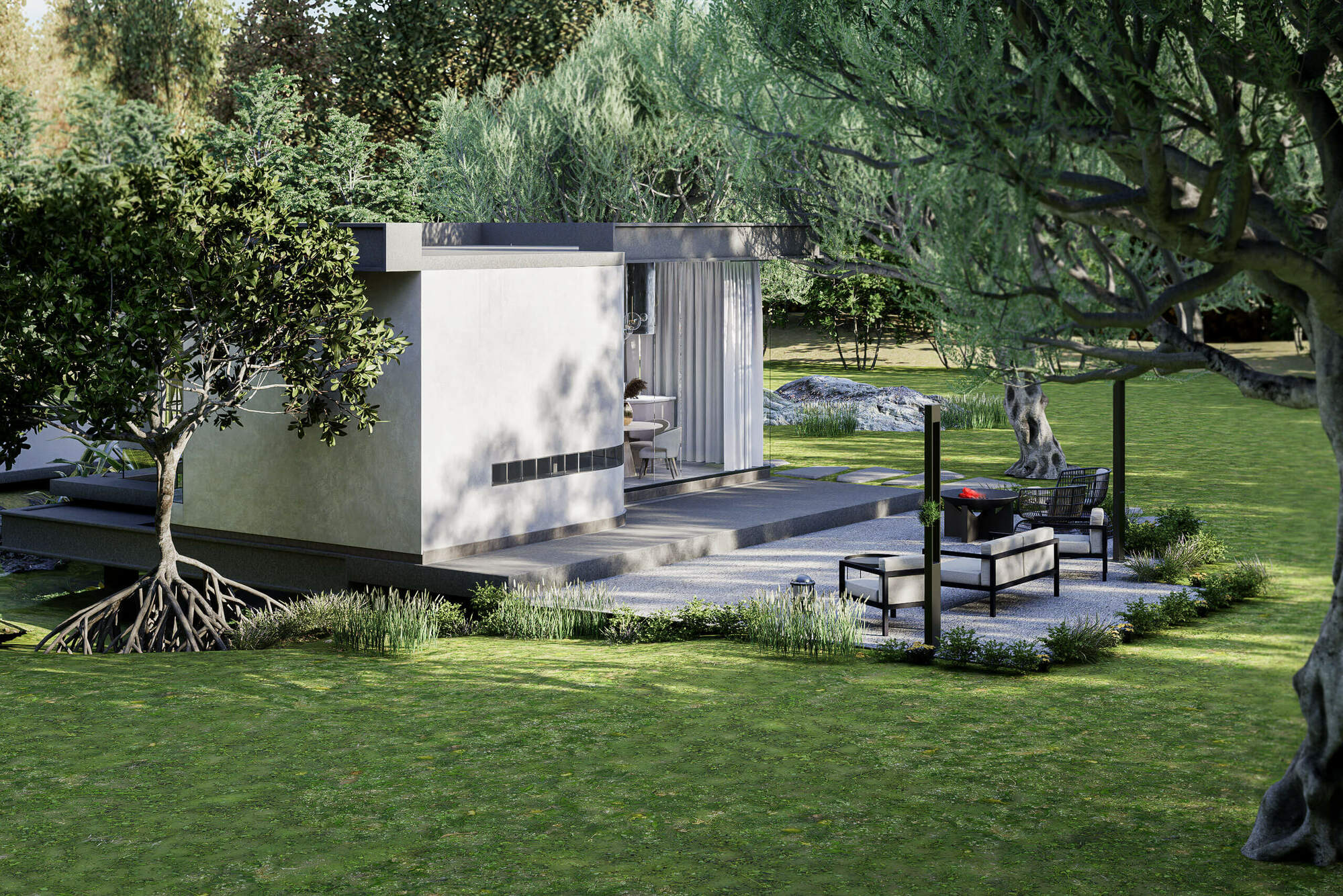 3D architectural rendering of a white single-family house with garage and driveway perspective
