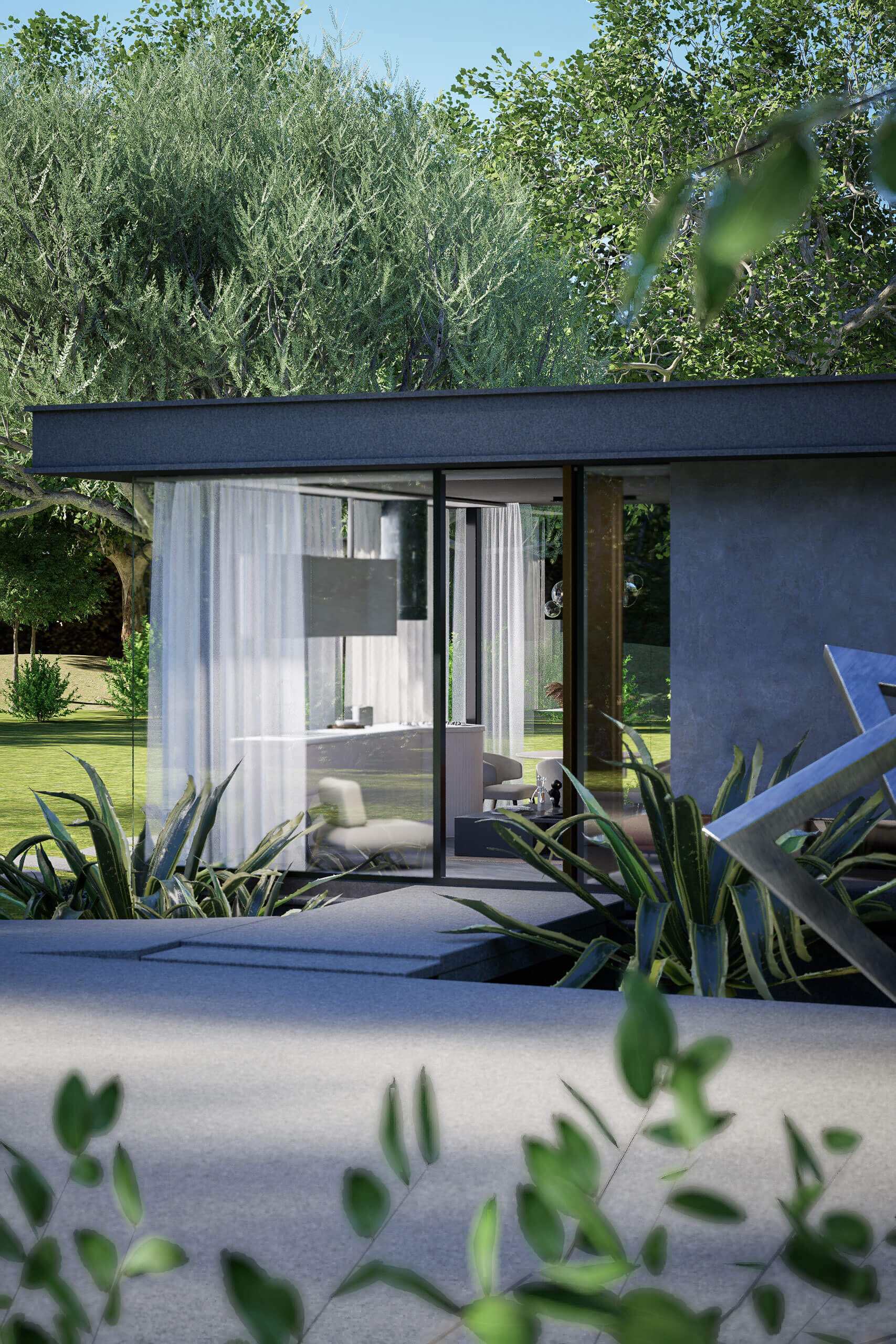 Sunset exterior render of a private residence with minimalist architecture and detailed landscaping