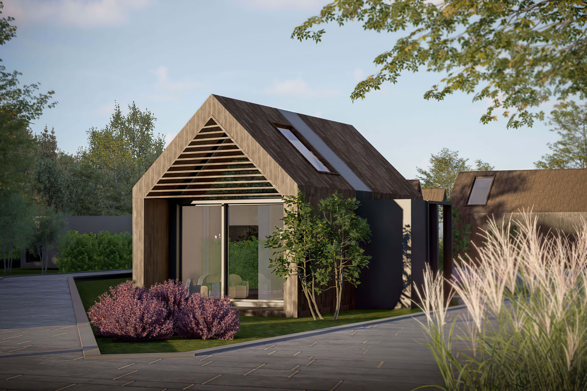 3D rendering of a residential home facade with minimalist geometry and large entrance area