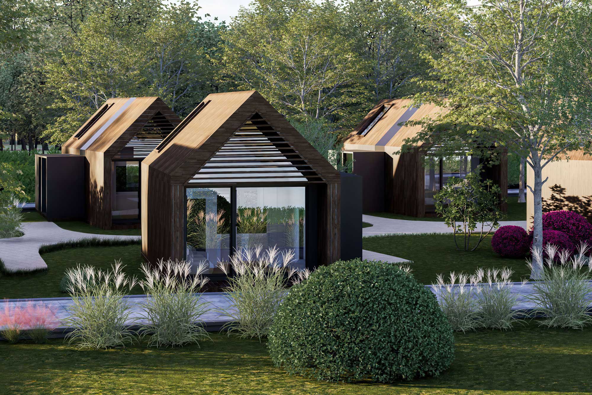 3D exterior render of a Scandinavian-style house with gabled roof and clean design lines