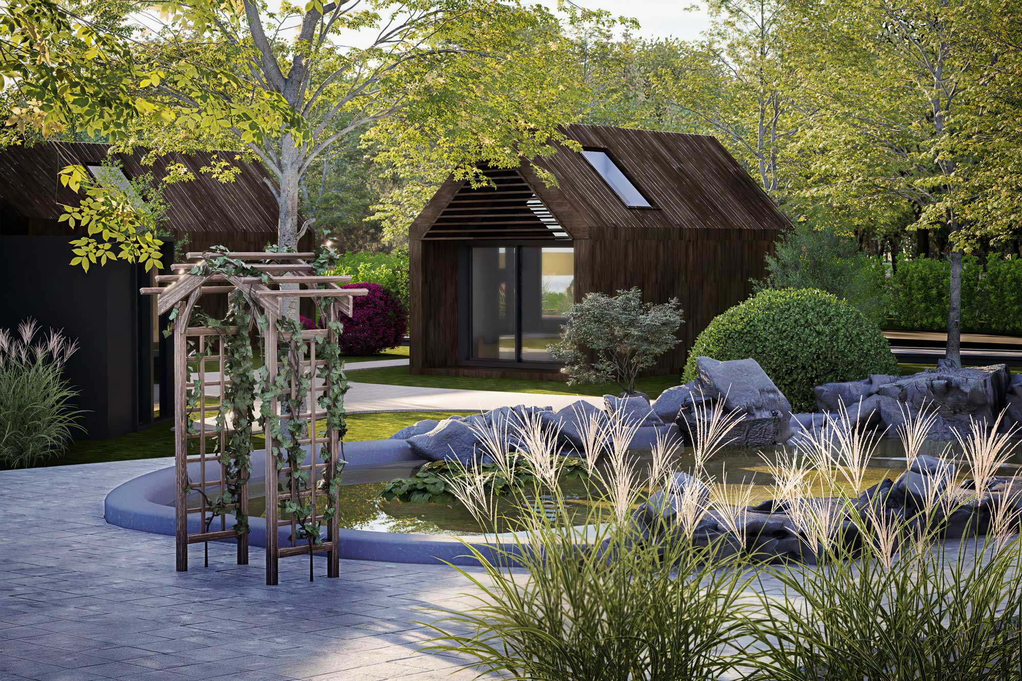Visualization of a modern residential building surrounded by trees and soft natural lighting