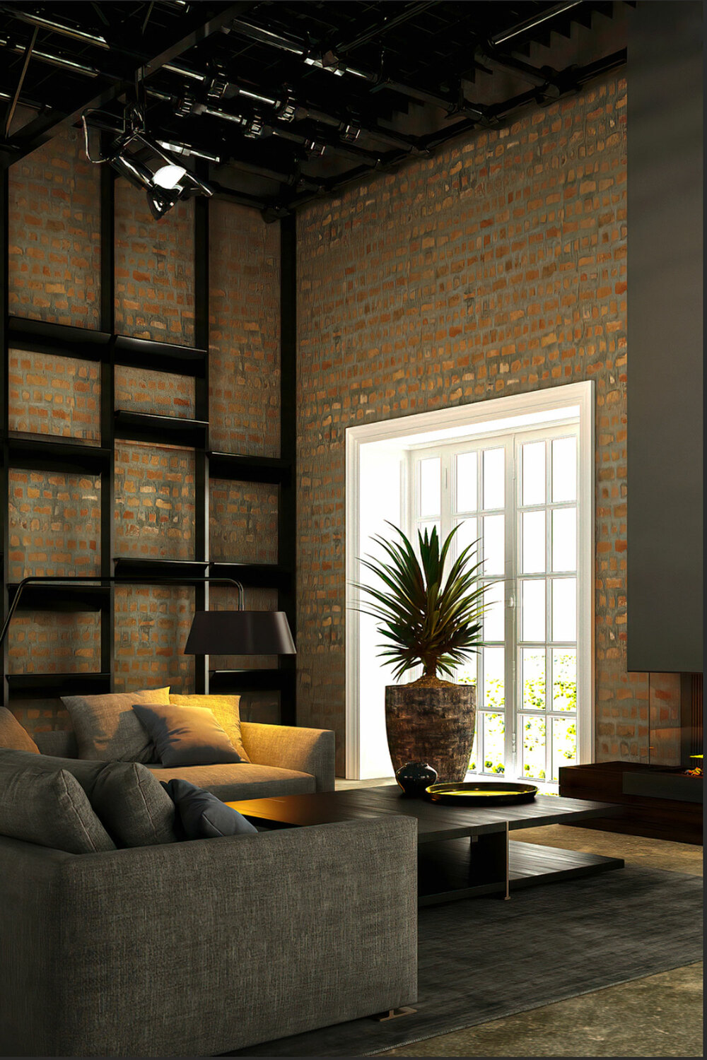 3D rendering of industrial living room with exposed brick walls, loft ceiling and modern furniture for urban projects