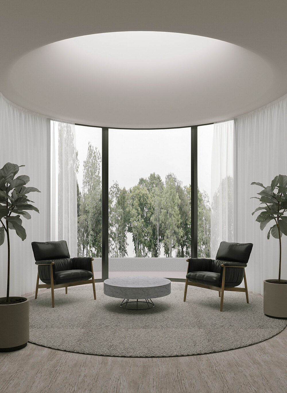Minimalist round room 3D render, tranquil seating area