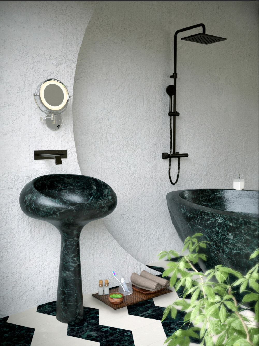 3D visualization of a bathroom with a sink and bathtub made of dark marble, black sanitary ware and a contrasting marble floor