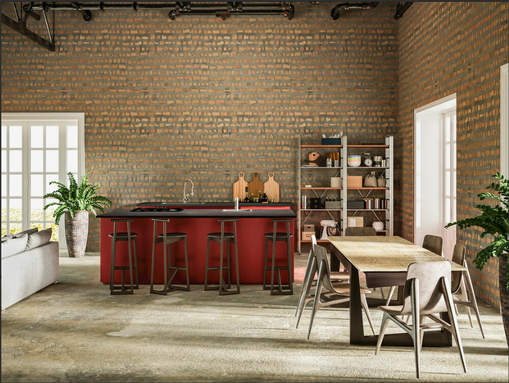 3D rendering of industrial style kitchen and dining room, exposed brick walls, perfect for urban living designers