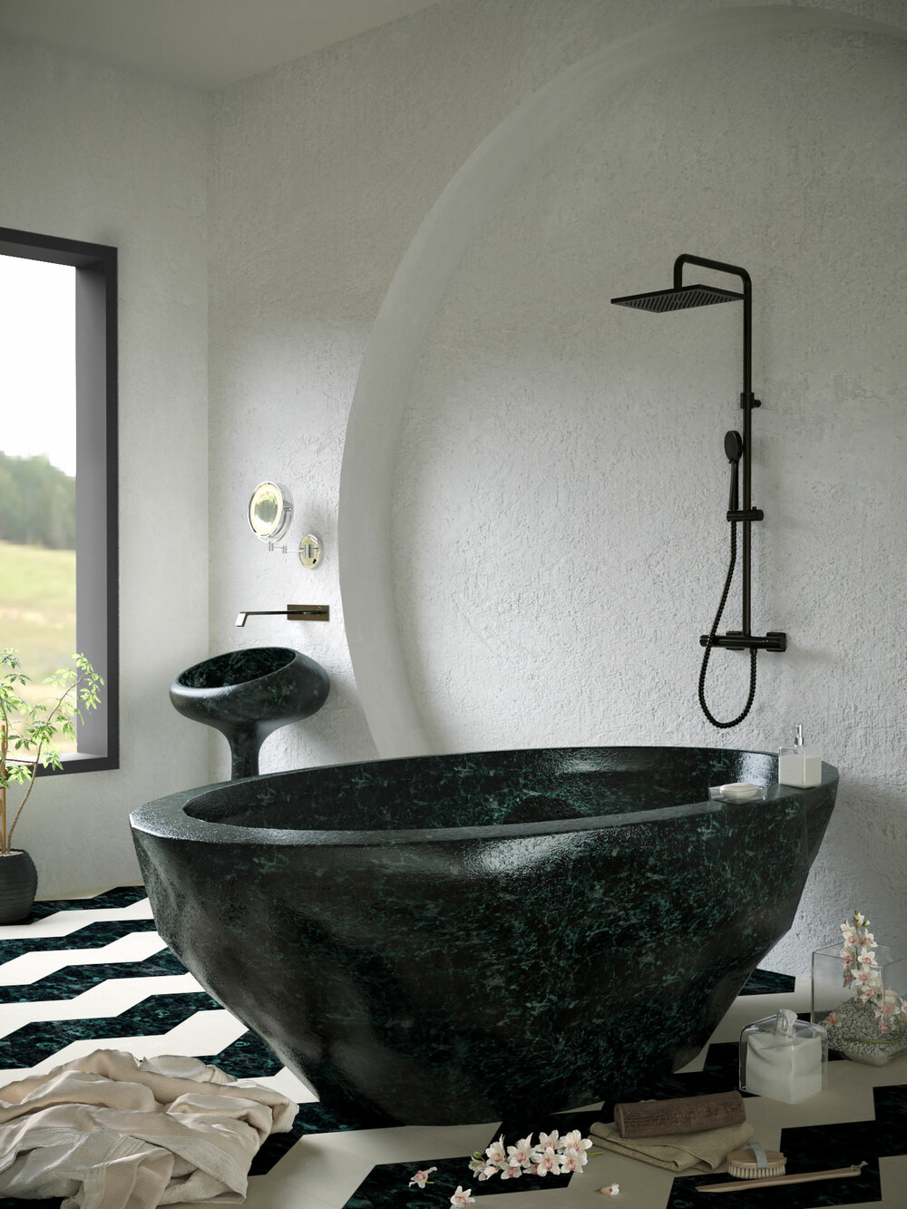 Modern bathroom 3D rendering with designer marble bathtub