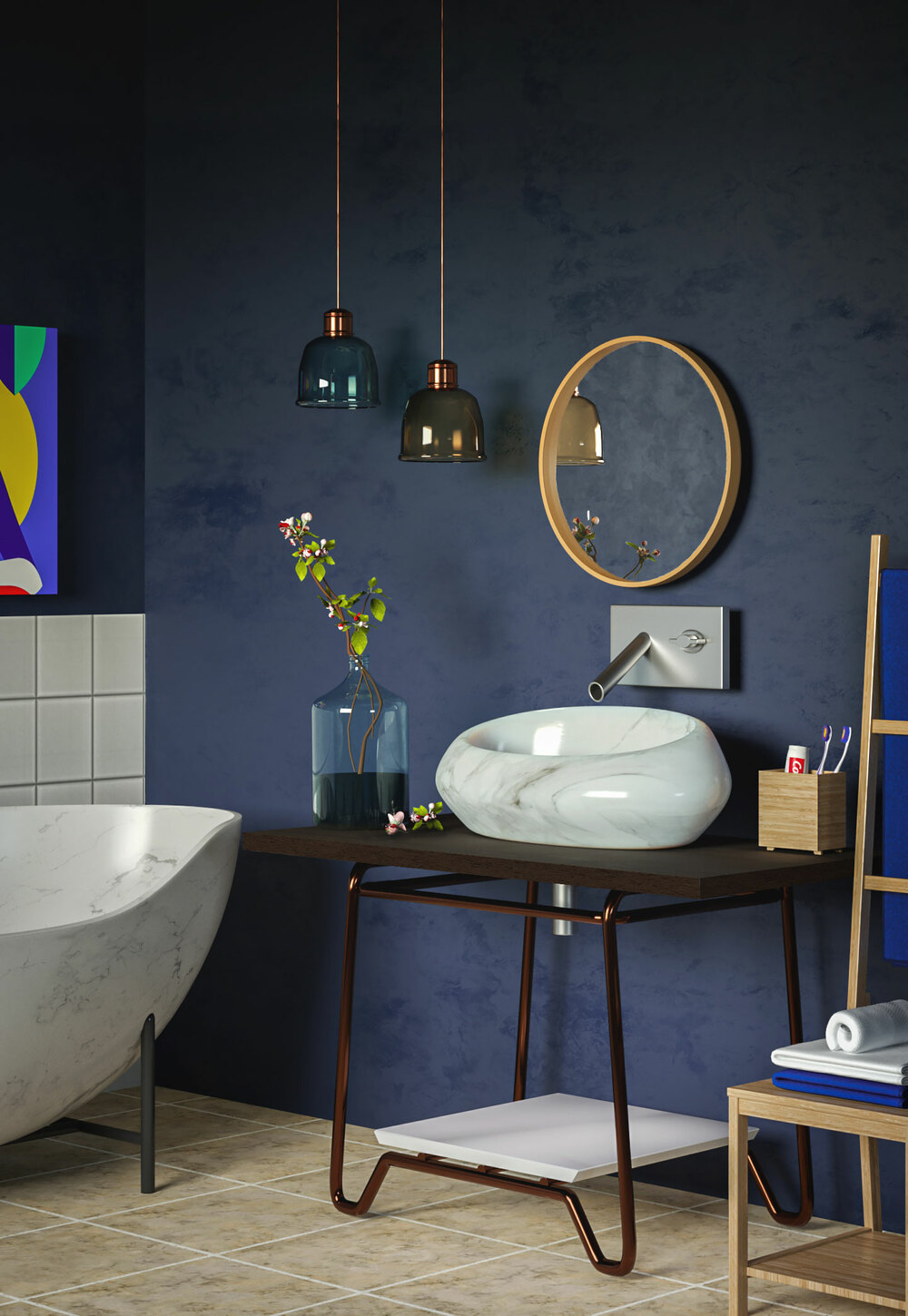 3D render of modern bathroom with marble sink navy wall, and pendant lights