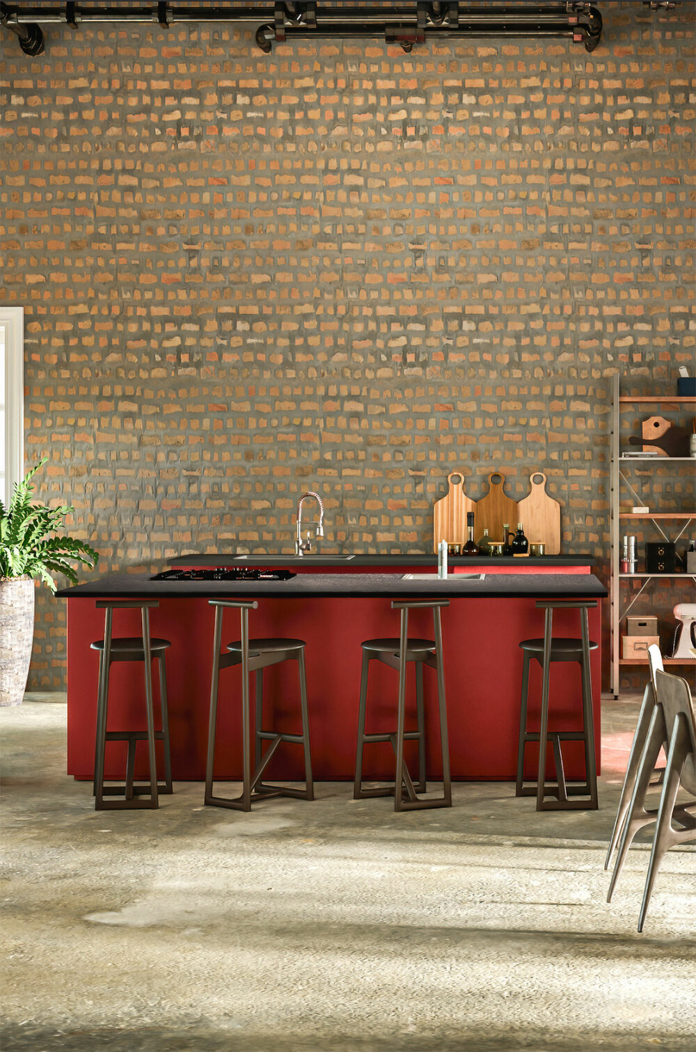 3D rendering of industrial kitchen island with red base and bar stools