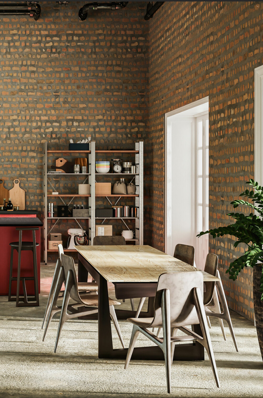 3D visualization of modern industrial dining area with wooden table and exposed brick walls for urban interior projects
