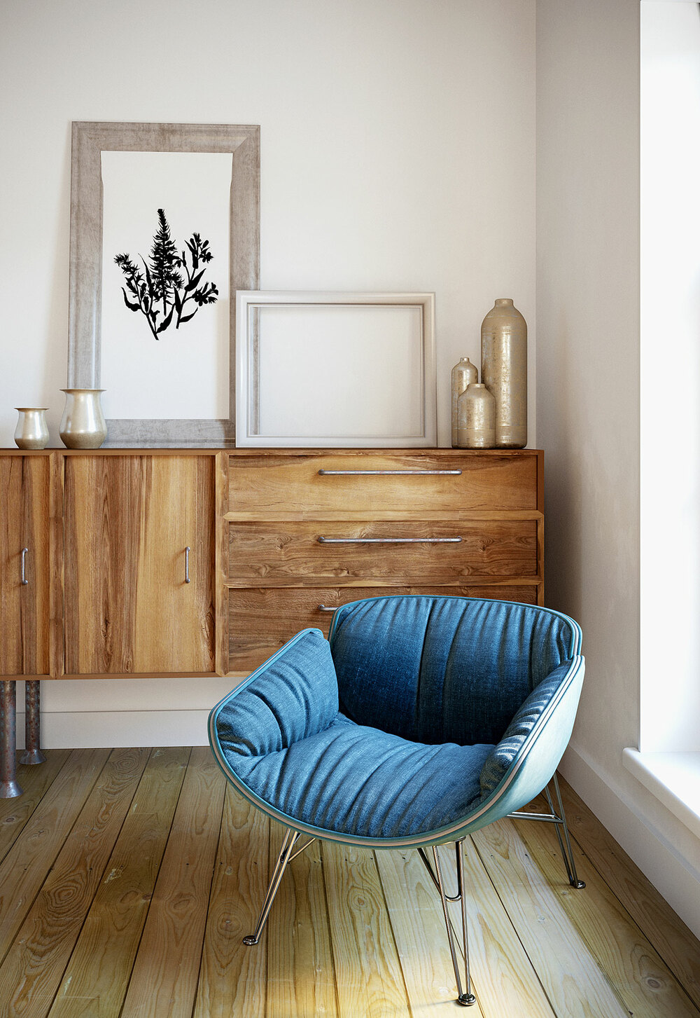 Cozy reading nook 3D render with blue accent chair, large window, and modern decor
