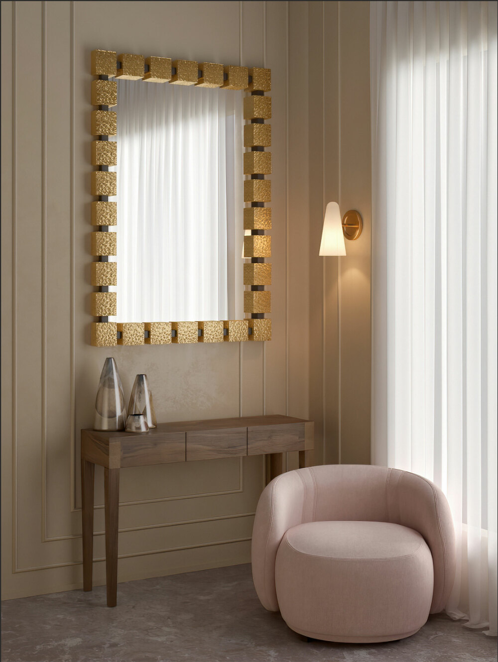Photorealistic 3D rendering of Ruzgar mirror and pink Rene Meridiani chair