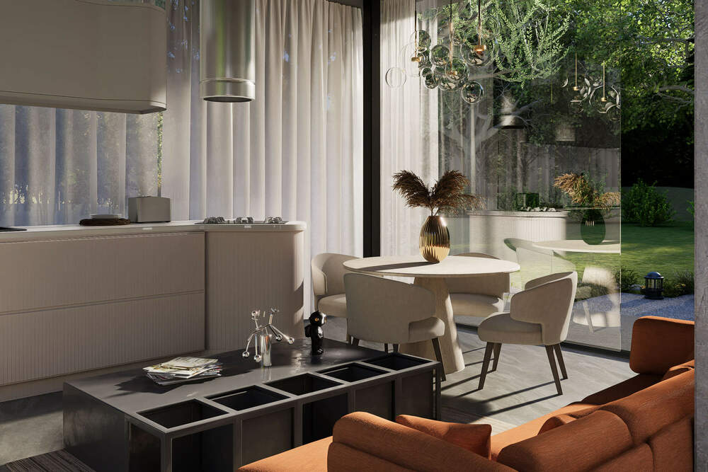 Photorealistic 3D interior render of open living space with garden view