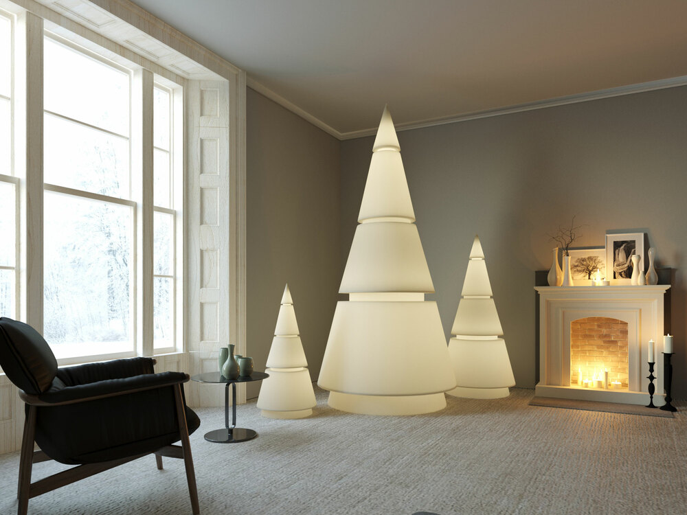 3D rendering of cozy winter living room with modern cone lights, fireplace, and large window