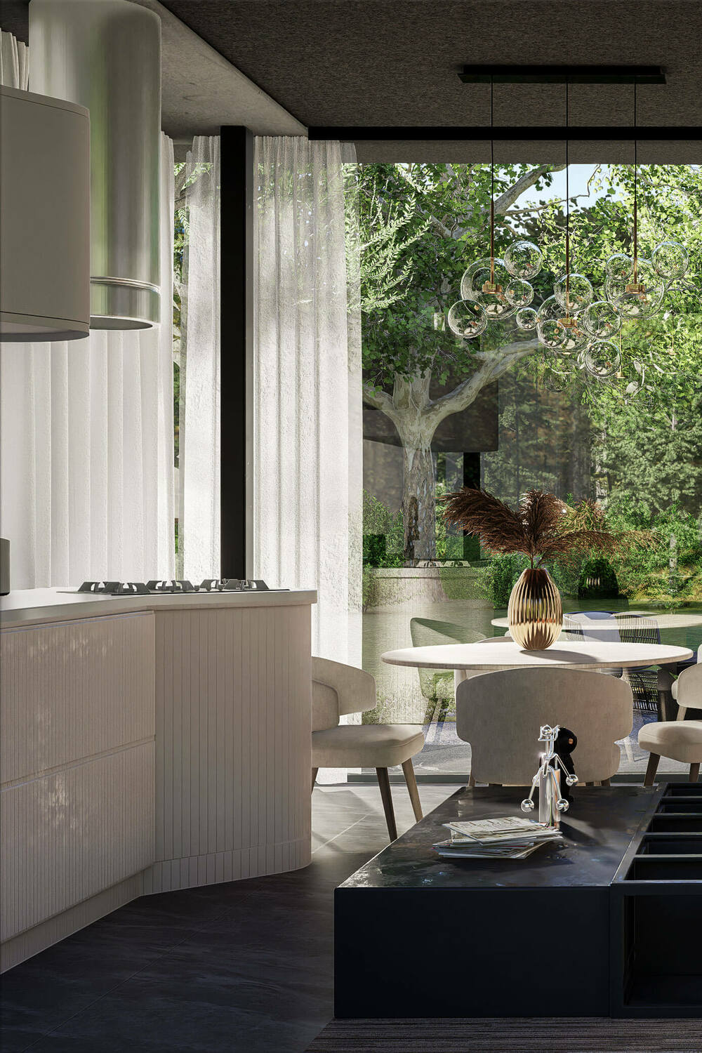 3D render of a modern kitchen with floor-to-ceiling glass blending indoor and outdoor spaces