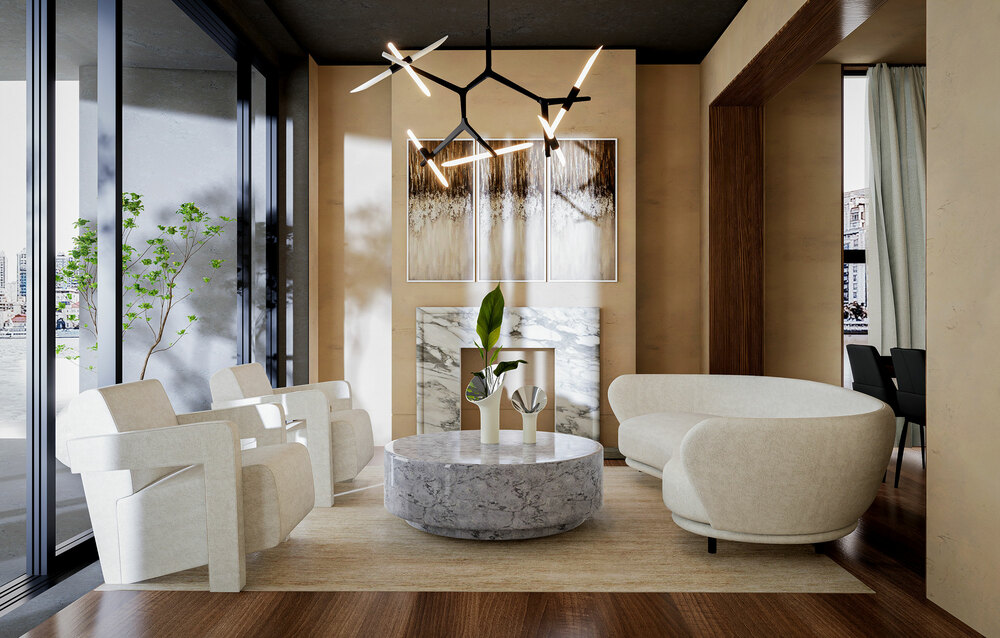 Living room interior 3D visualization with modern furniture