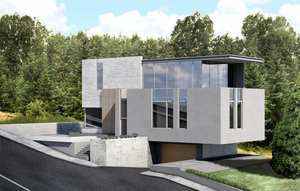 Exterior sketch visualization of a hillside house, ideal for client presentation or architectural tender
