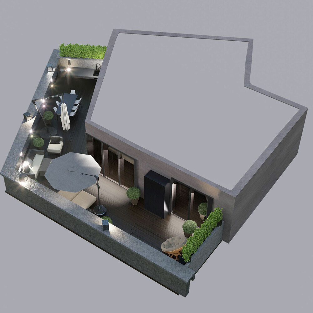Isometric plan architectural sketch of a private rooftop deck designed for outdoor dining and relaxation
