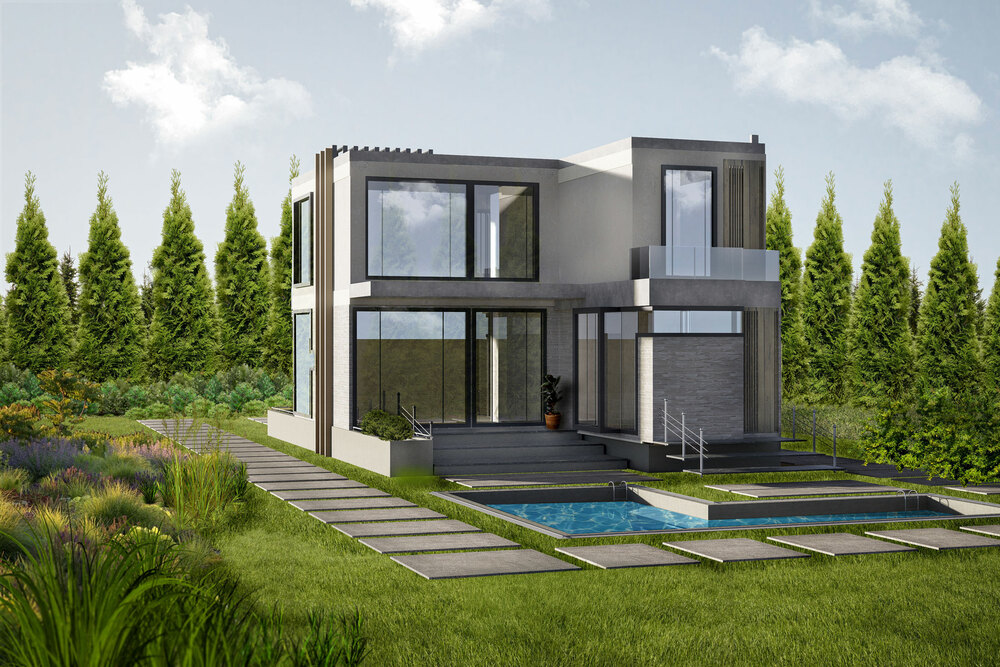 Modern villa exterior visualization with panoramic glazing and geometric landscaping