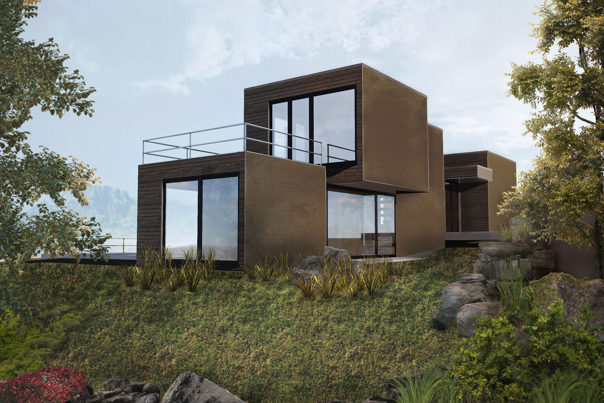 Photorealistic exterior 2D sketch of a modern house on a hillside, designed for contemporary residential architecture. Perfect for house builders and architects.