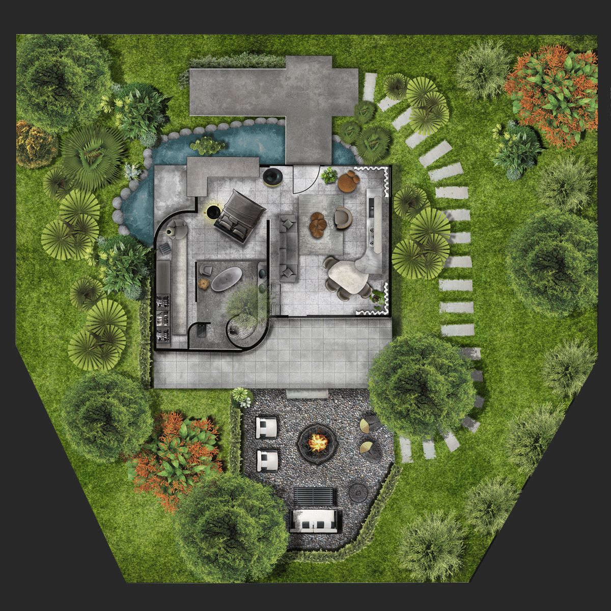 Detailed 2D floor plan top view with garden landscaping and zoning. Visual layout for architectural and landscape presentations.