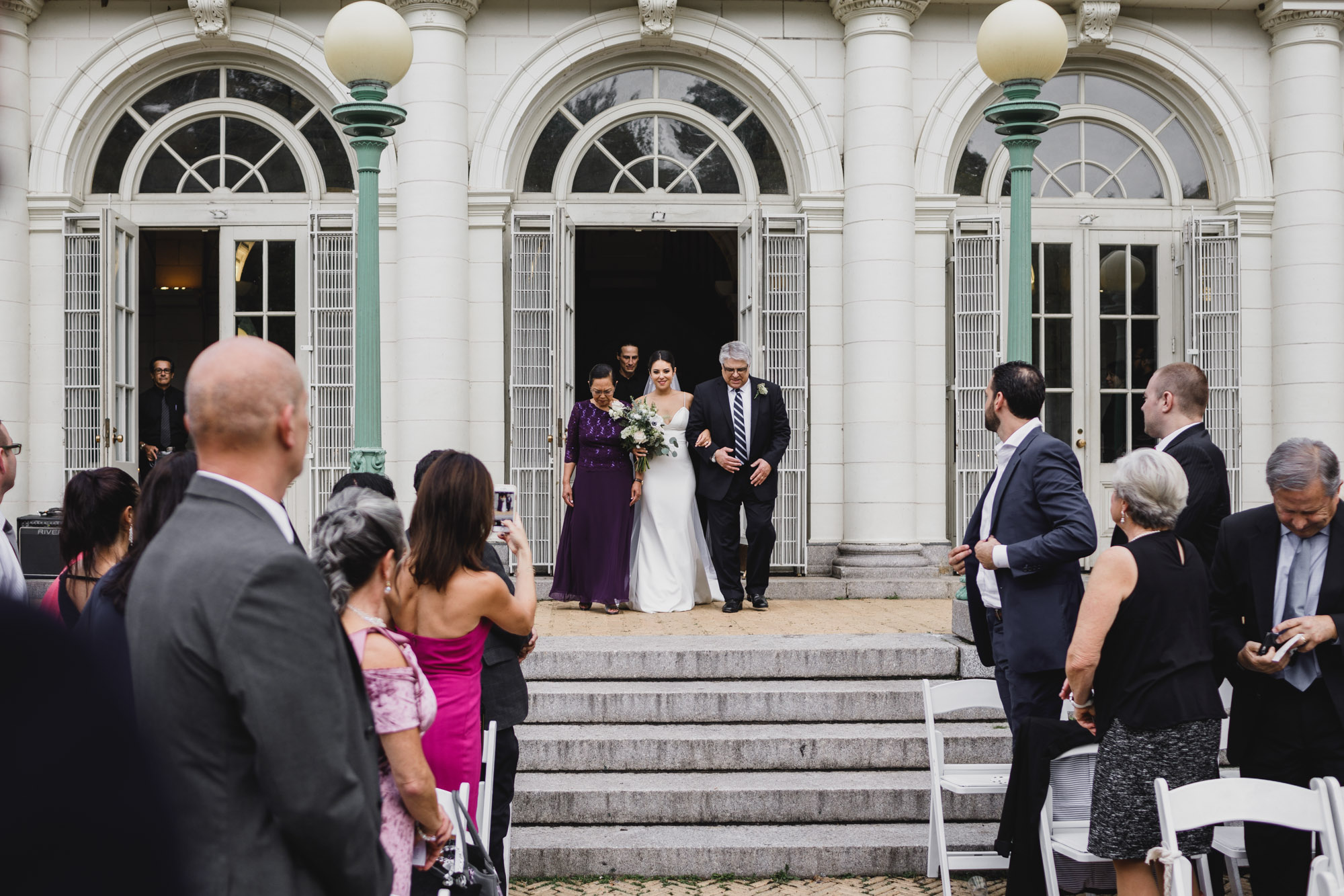 Prospect park boathouse beautiful bride walking down the aisle