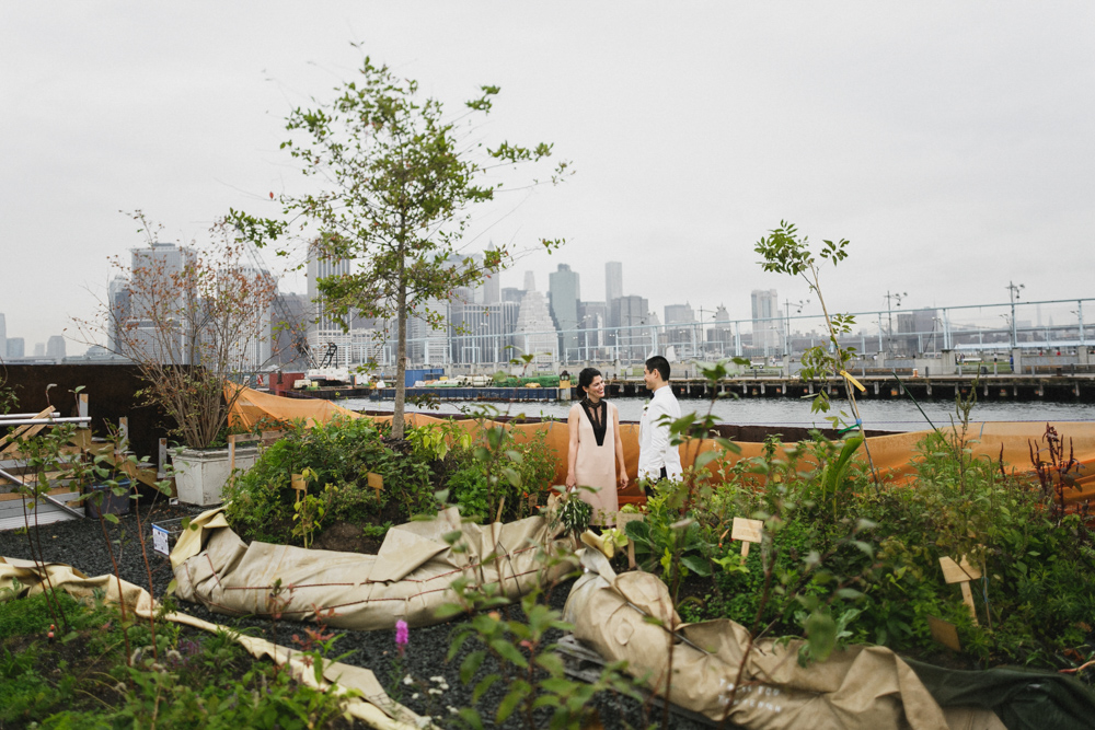 Bride and groom at a garden in Brooklyn NY on their wedding day