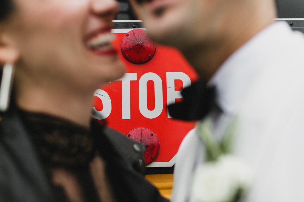 Close up of bride and groom on their rainy wedding day in Brooklyn NY
