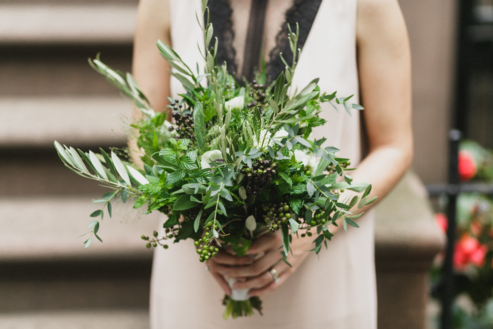 Green and black bridal bouquet, Brooklyn, NY