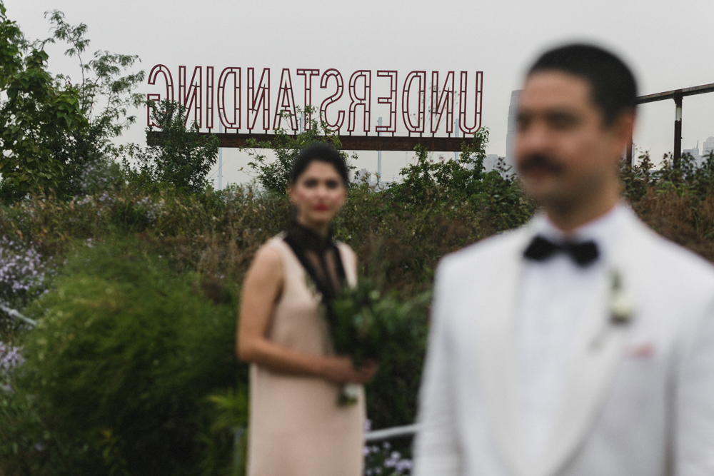 Bride and groom at a garden in Brooklyn NY on their wedding day