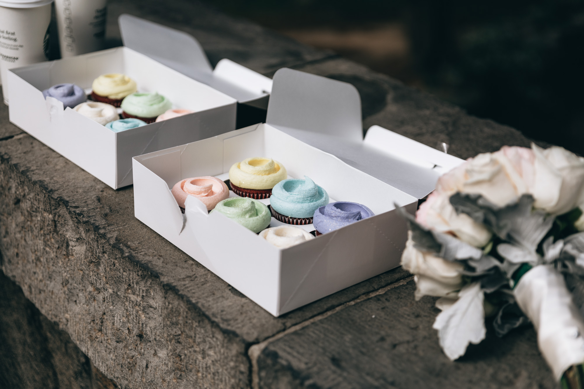 Colorful cupcakes at a small elopement ceremony in Central Park, Manhattan, NY