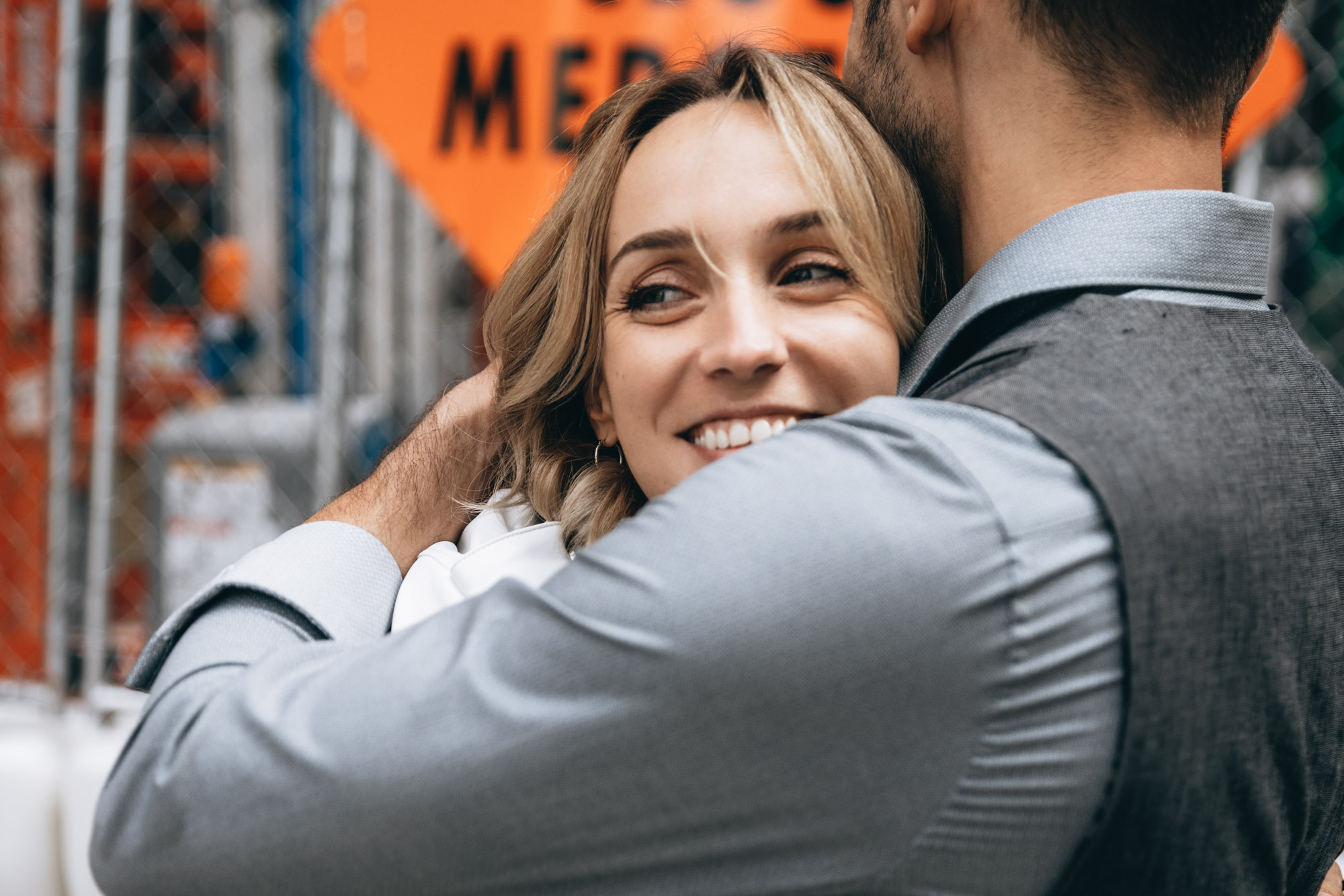 Bride and groom dancing in the middle of the street in Manhattan on their elopement day