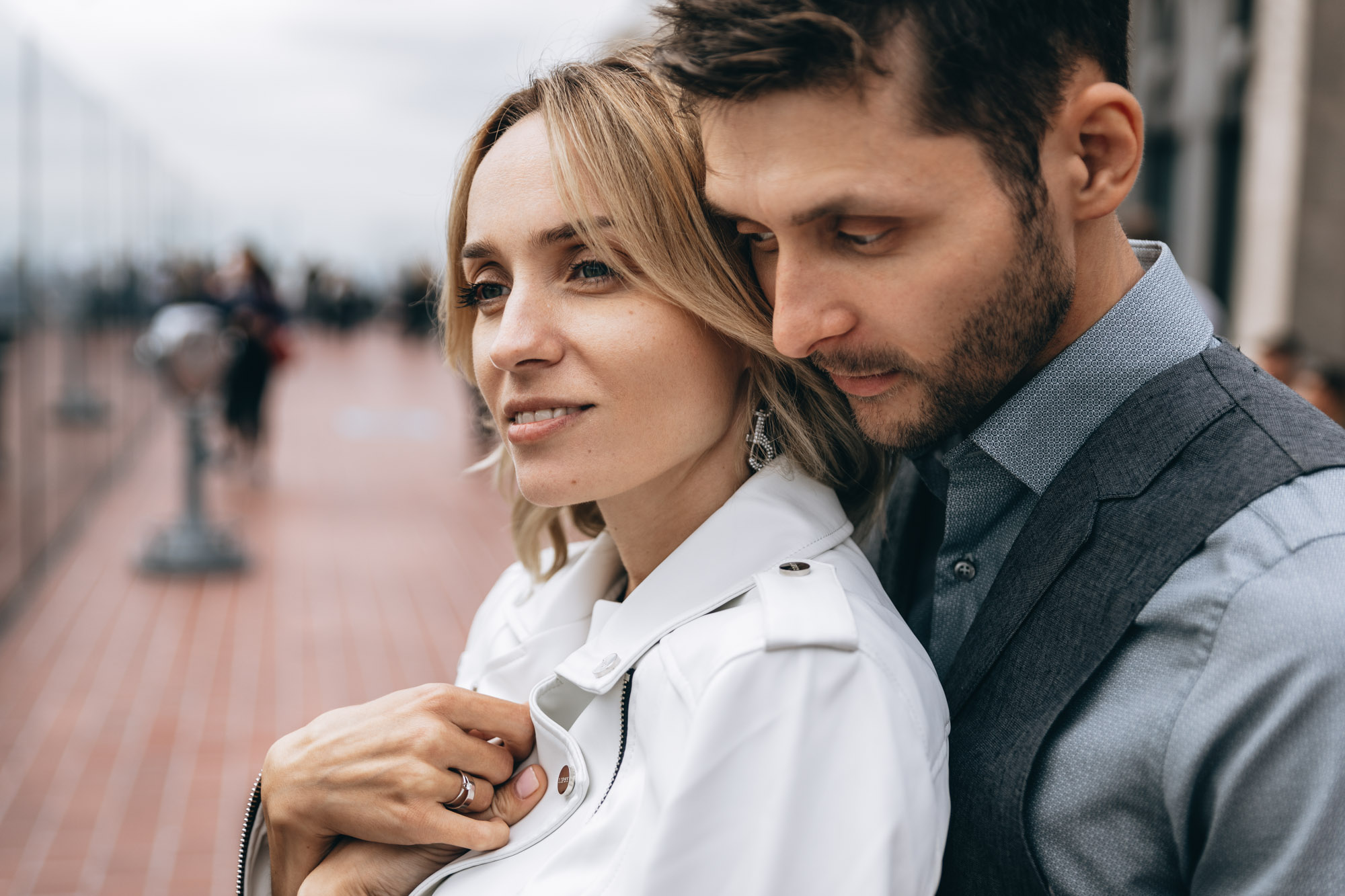 Close up of bride and groom standing together at Top of the Rock, Manhattan, NYC