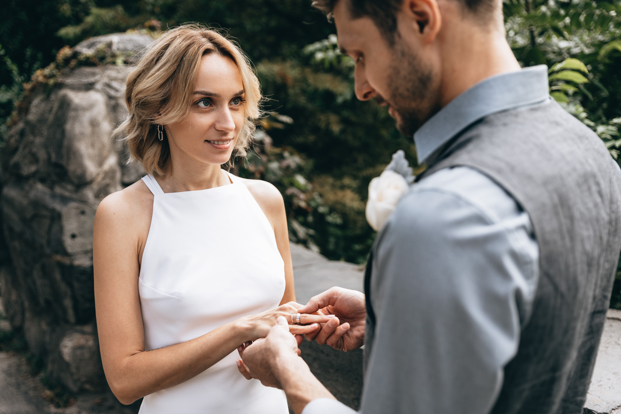 Portrait of a bride and groom moments after their elopement ceremony at Central Park, Manhattan, NY