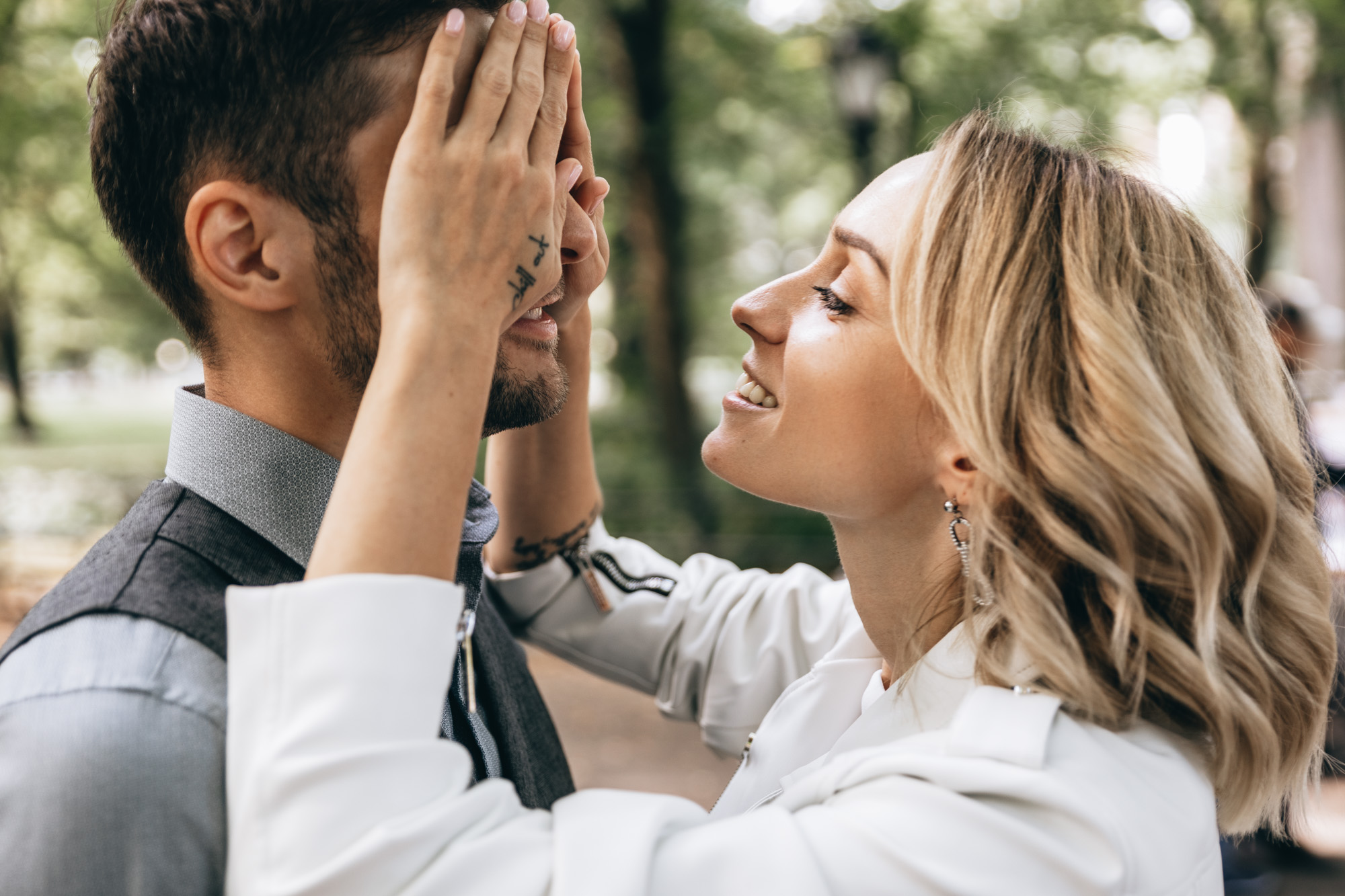 Portrait of a bride and groom moments after their elopement ceremony at Central Park, Manhattan, NY