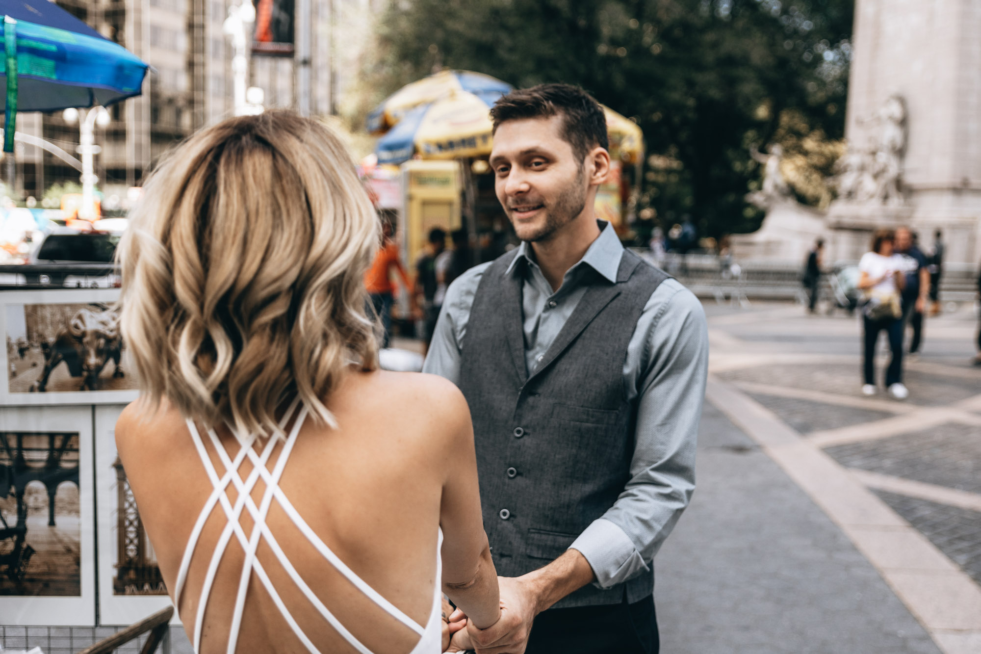 Bride and groom standing near Central Park on their wedding day, Manhattan