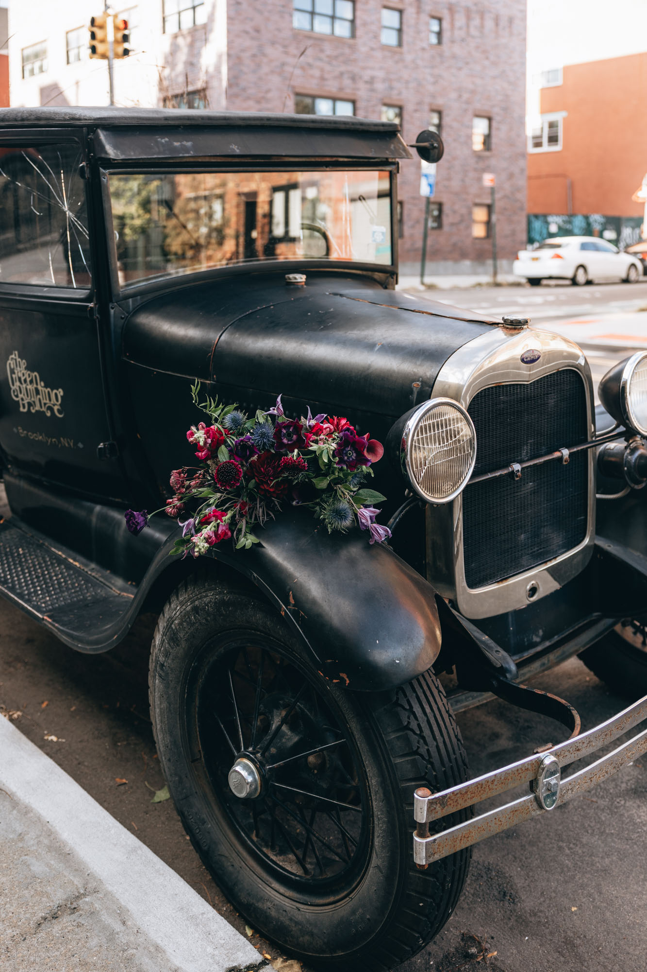 Old vintage truck with flowers near 501 Union and the Green Building, Brooklyn NY