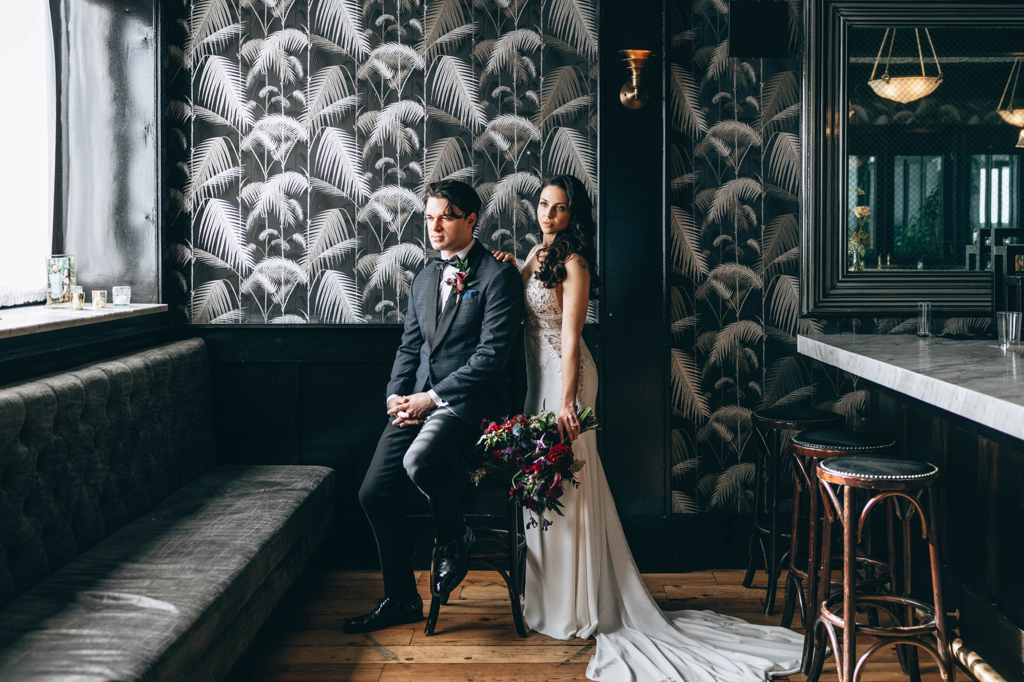 Stunning bride and groom at the moody 501 Union, Brooklyn NY
