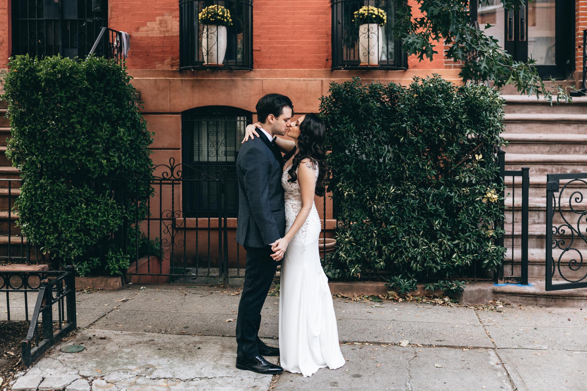Adorable first look  & kiss near brownstones in Brooklyn, NY