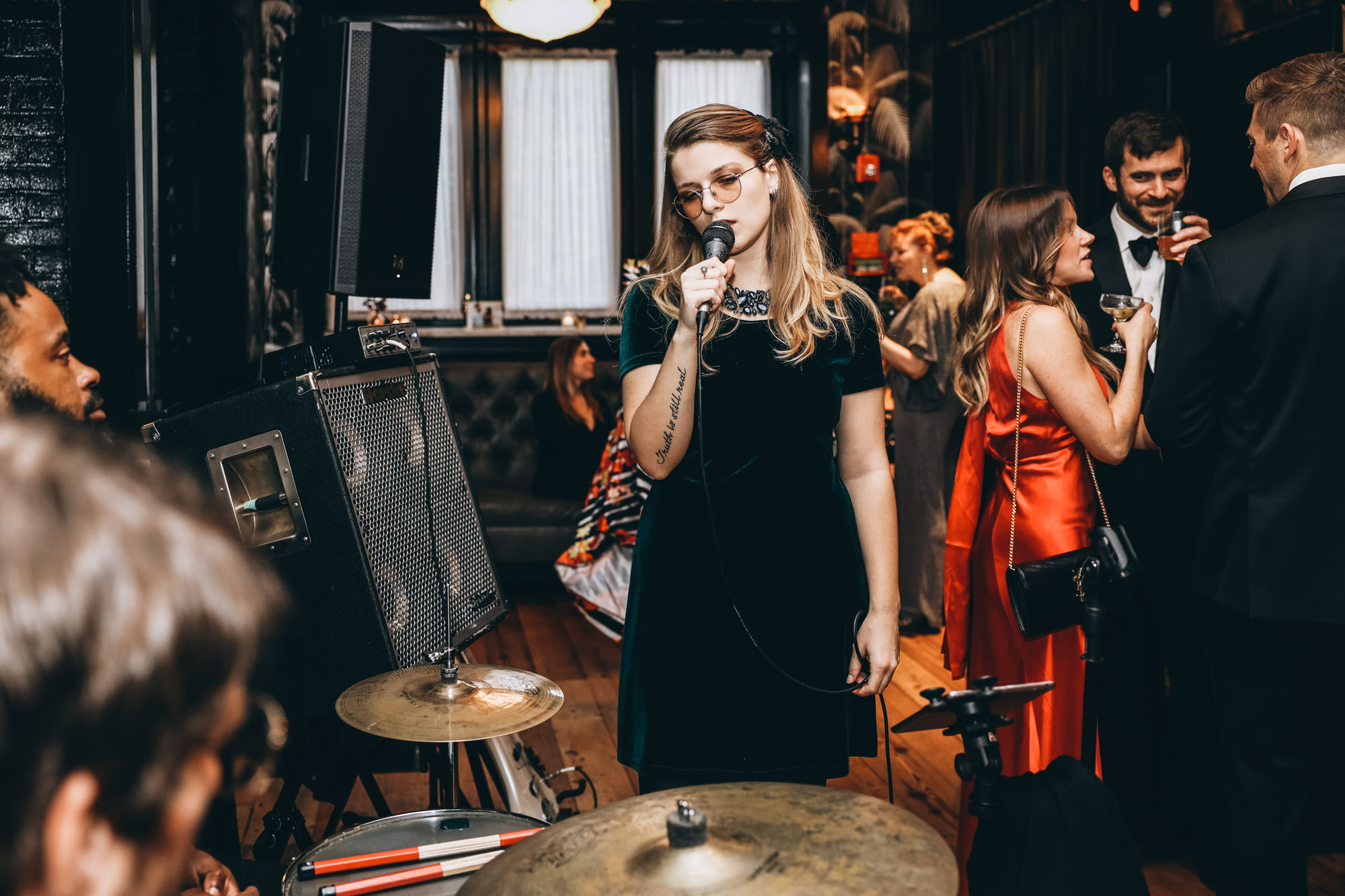 Musical performance at a funky wedding reception at 501 Union, Brooklyn NY
