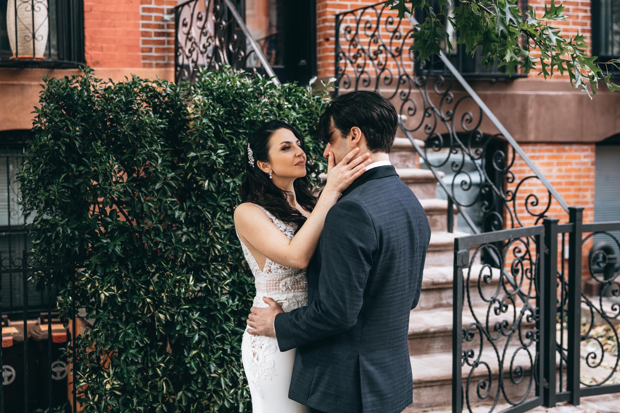 Close up of excited bride and groom in Brooklyn, NY