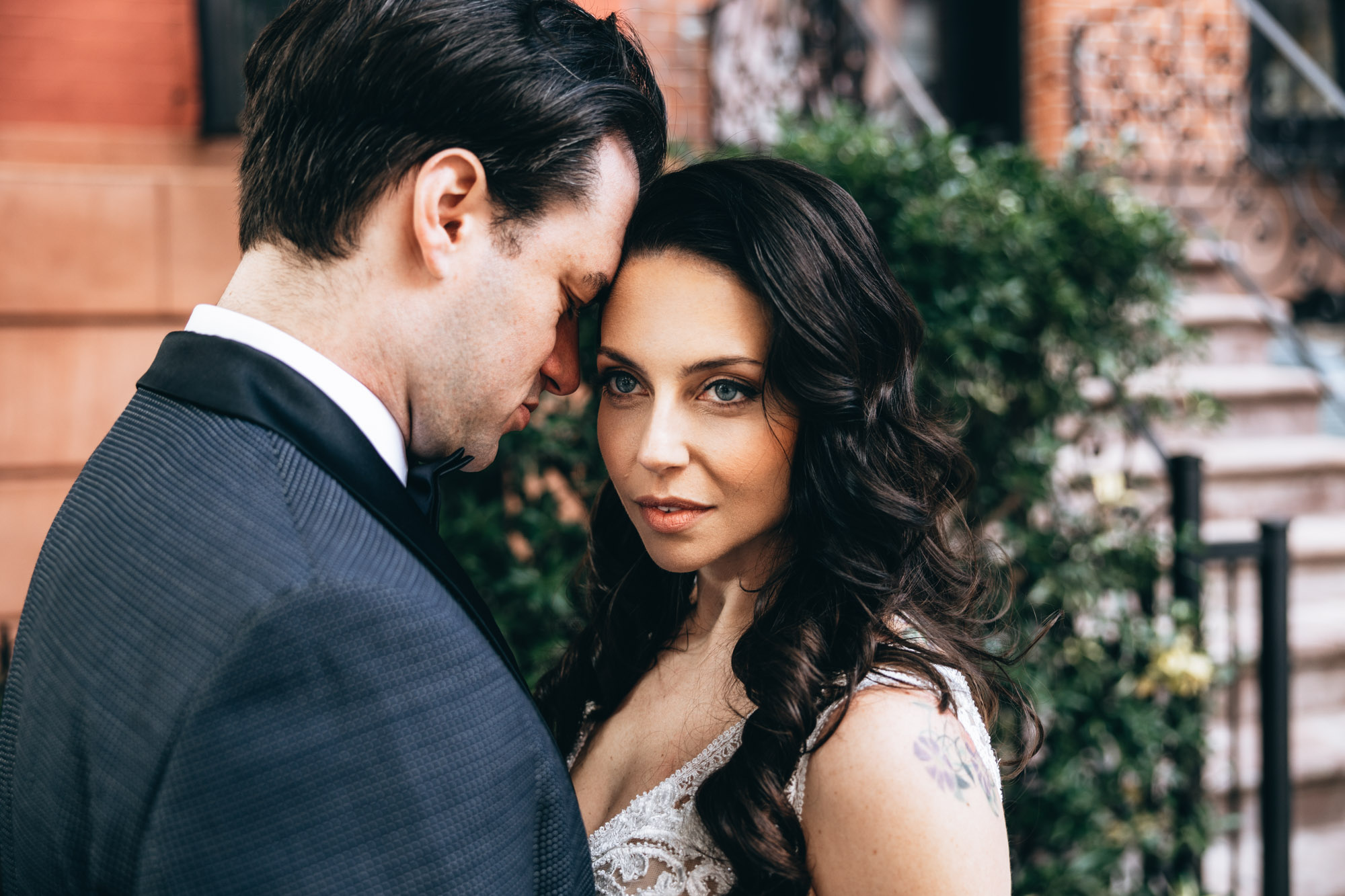 Close up of first look near brownstones in Brooklyn, NY