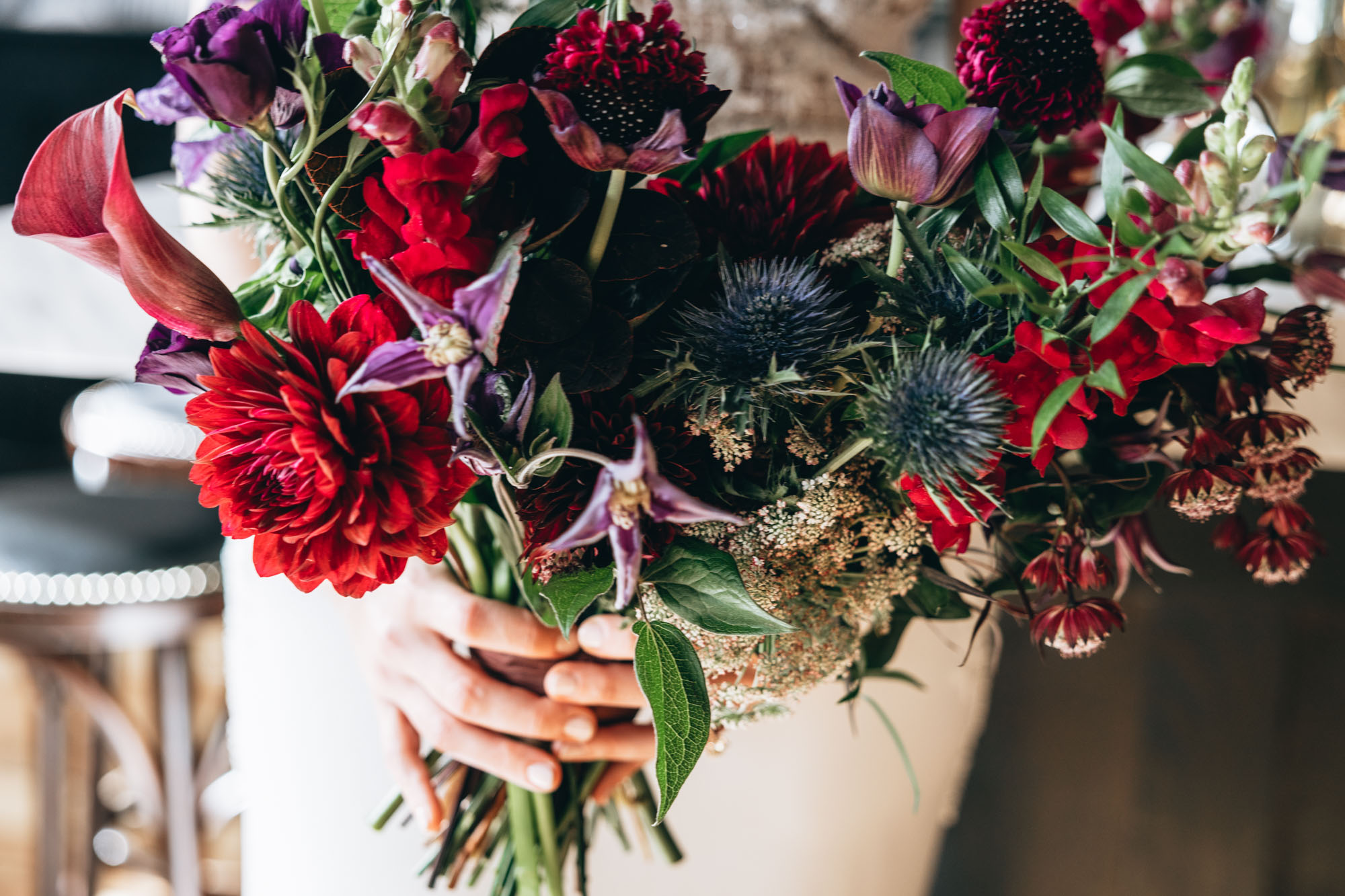 Close up of a stunning dark and bold bridal bouquet. 501 Union, Brooklyn NY